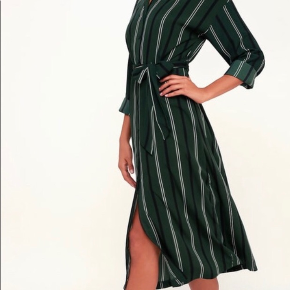 Dark green striped button up midi dress